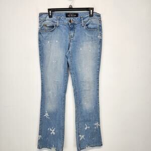 Vintage Y2K Bleached Flare Jeans Size 11 32x32 Light Wash Low Rise Flap Pockets